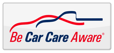 A be car care aware logo with a red , blue and white car