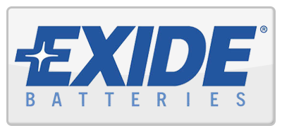 A blue and white logo for exide batteries