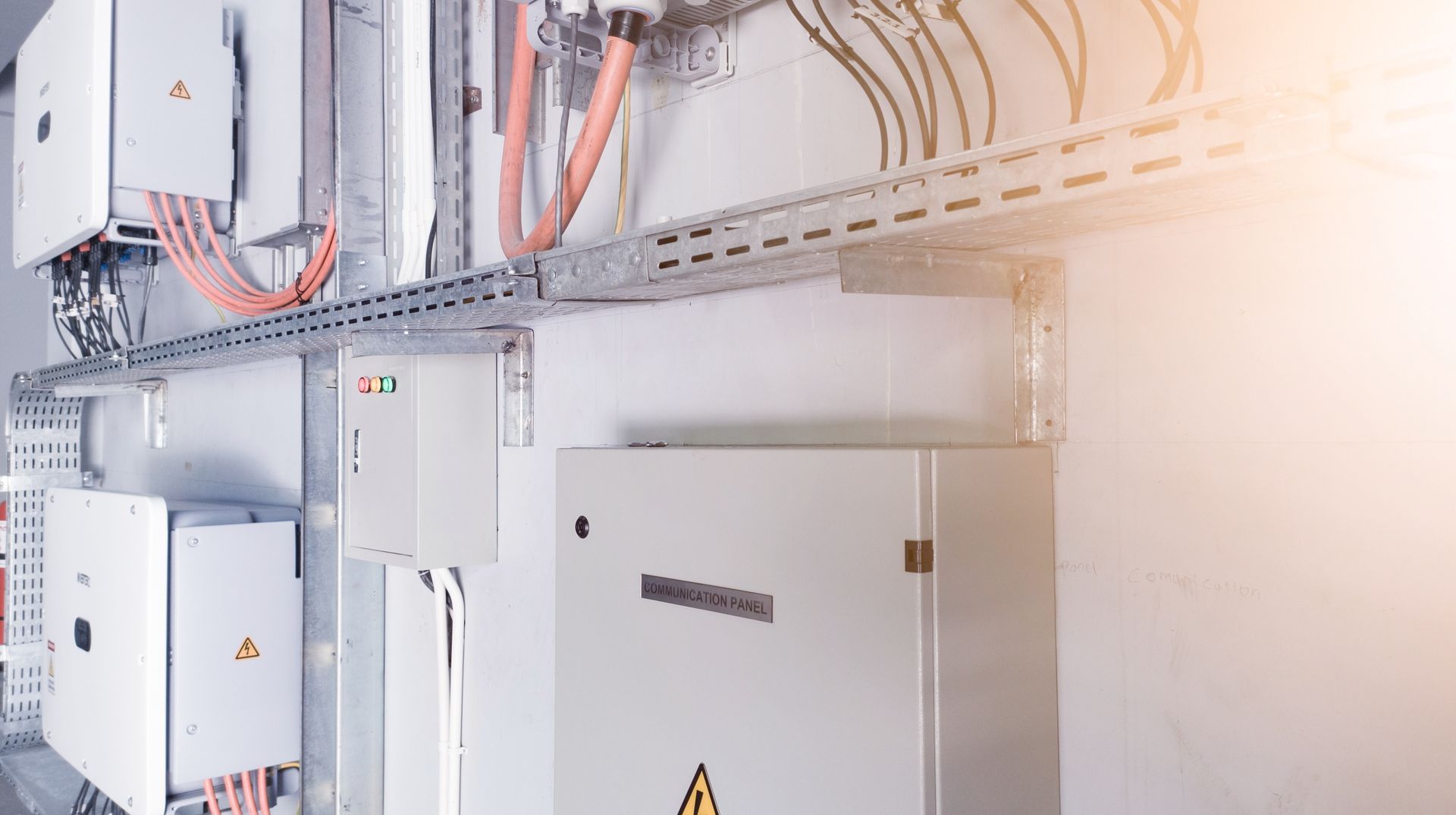 Close view of a couple of solar batteries inside a building.