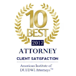 Gold “10 Best 2017 Attorney Client Satisfaction” award logo from the American Institute of DUI/DWI Attorneys