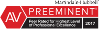 AV Preeminent 2017 Martindale-Hubbell badge in red, white, and black, “Peer Rated for Highest Level of Professional Excellence”