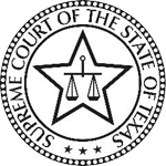 Seal of the Supreme Court of Texas with a star and scales in the center, black and white