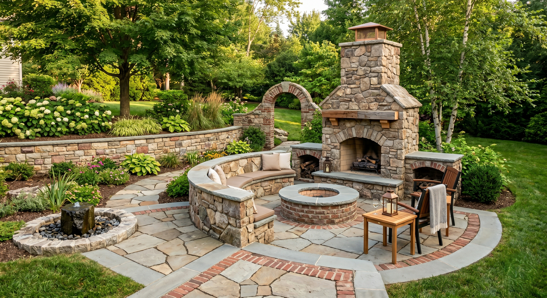 Stone outdoor patio with curved seating, brick fireplace, and circular fire pit in a lush garden