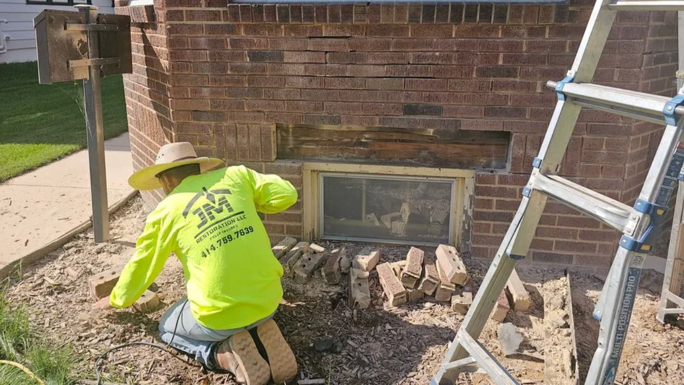 Worker in neon jacket kneeling beside a brick house foundation, with a ladder leaning nearby.
