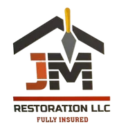 Logo for JM Restoration LLC. Features a house silhouette, trowel, initials JM, and text 
