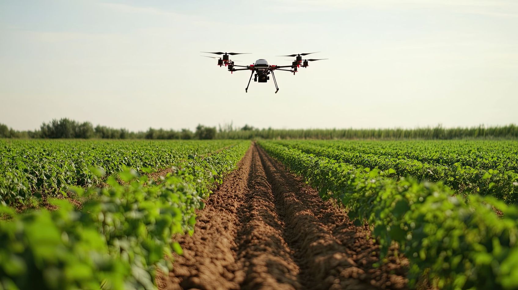 Drone hovering over a green crop field with rows of plants stretching into the distance