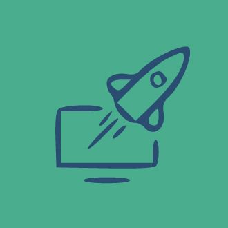 A rocket is flying out of a computer screen.