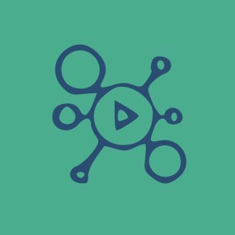 A blue icon with circles and a play button in the middle on a green background.