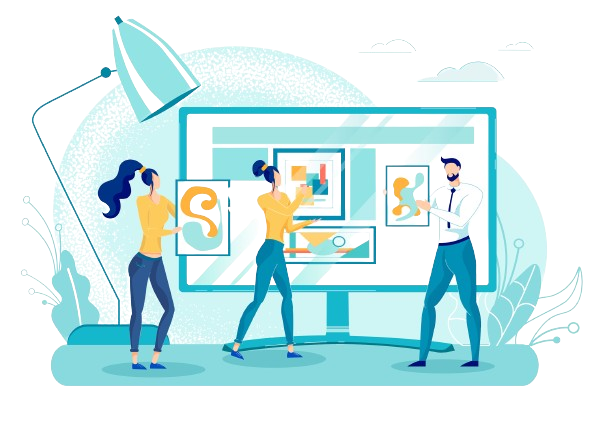 A group of people are standing in front of a computer screen.