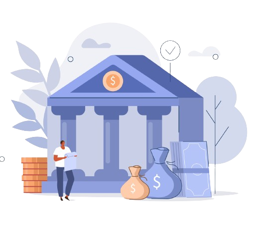 A man is standing in front of a bank building with bags of money.