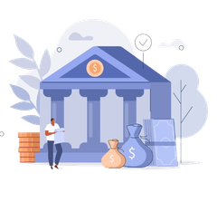 A man is standing in front of a bank building with bags of money.