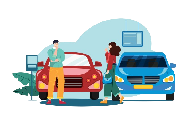 a man and a woman are standing next to two cars in a car showroom .