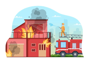 a fireman on a fire truck putting out a burning building