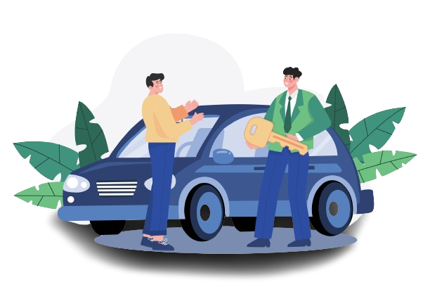 Two men are standing next to a car holding keys.