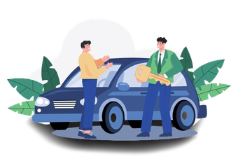 Two men are standing next to a car holding keys.