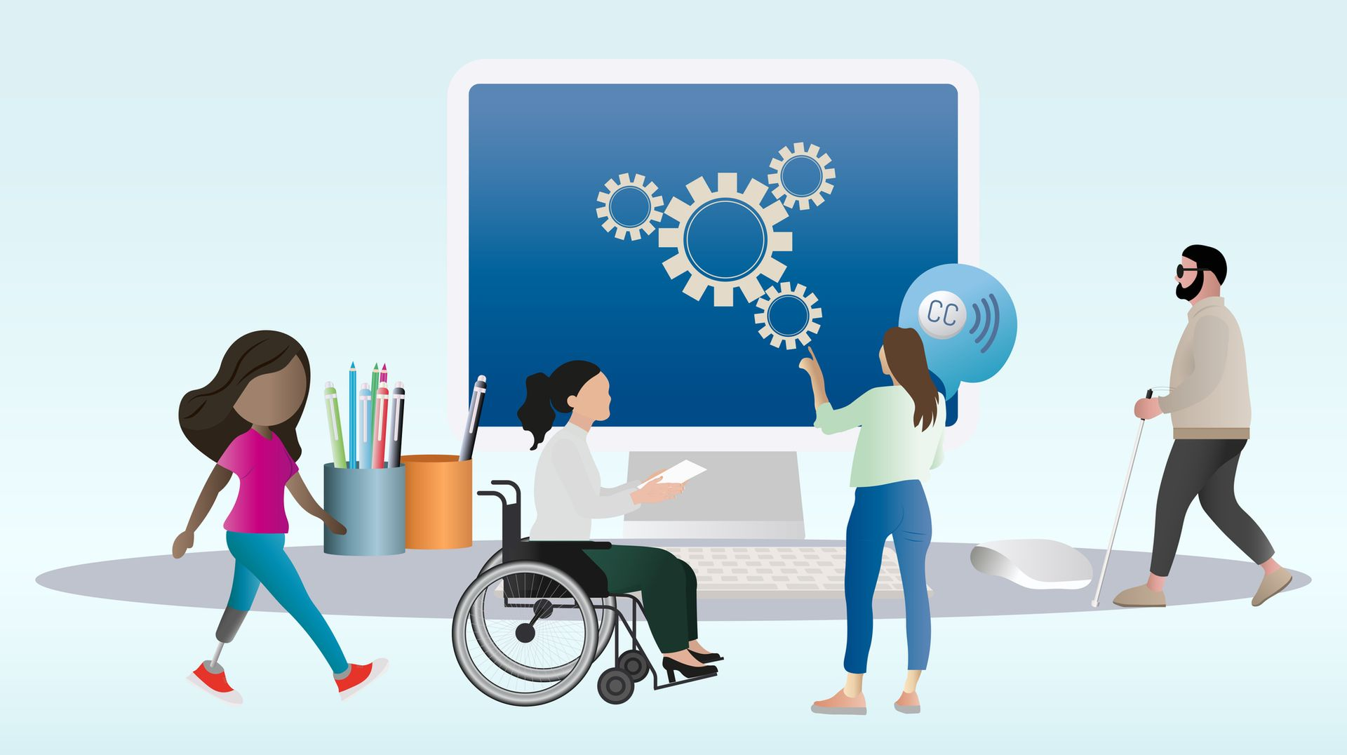 People collaborating around a laptop with gears on a screen; one uses a wheelchair.