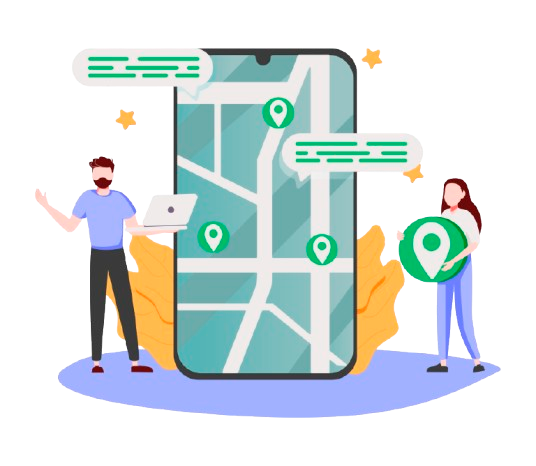 People using a map app on a smartphone, with location pins and chat bubbles around it
