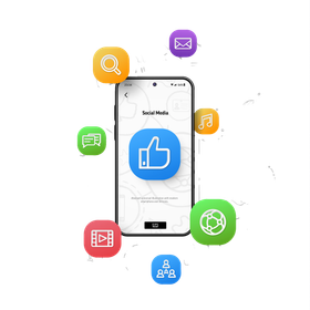 a cell phone with a thumbs up icon on the screen surrounded by social media icons .