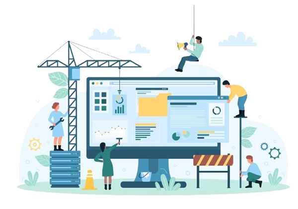 A group of people are working on a computer screen building a website.