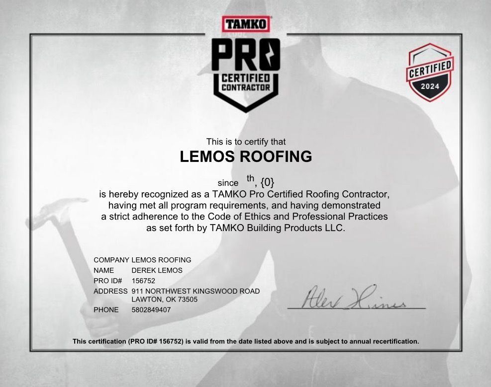 TAMKO Pro Certified Contractor certificate for Lemos Roofing.