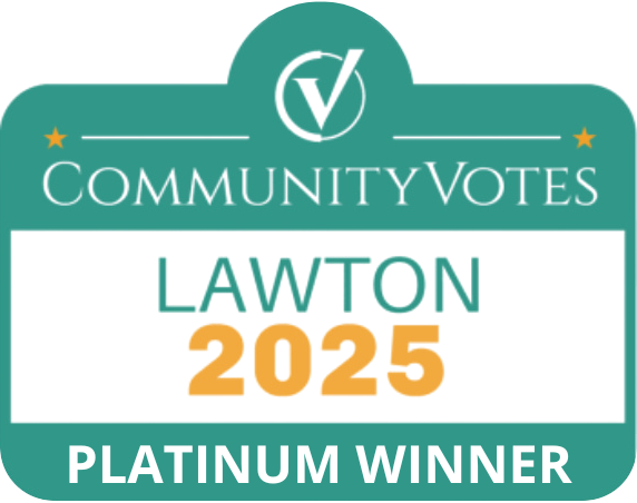 CommunityVotes Lawton 2025 Platinum Winner badge: teal, white, and gold, with a checkmark and stars.