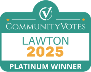 CommunityVotes Lawton 2025 Platinum Winner badge: teal, white, and gold, with a checkmark and stars.