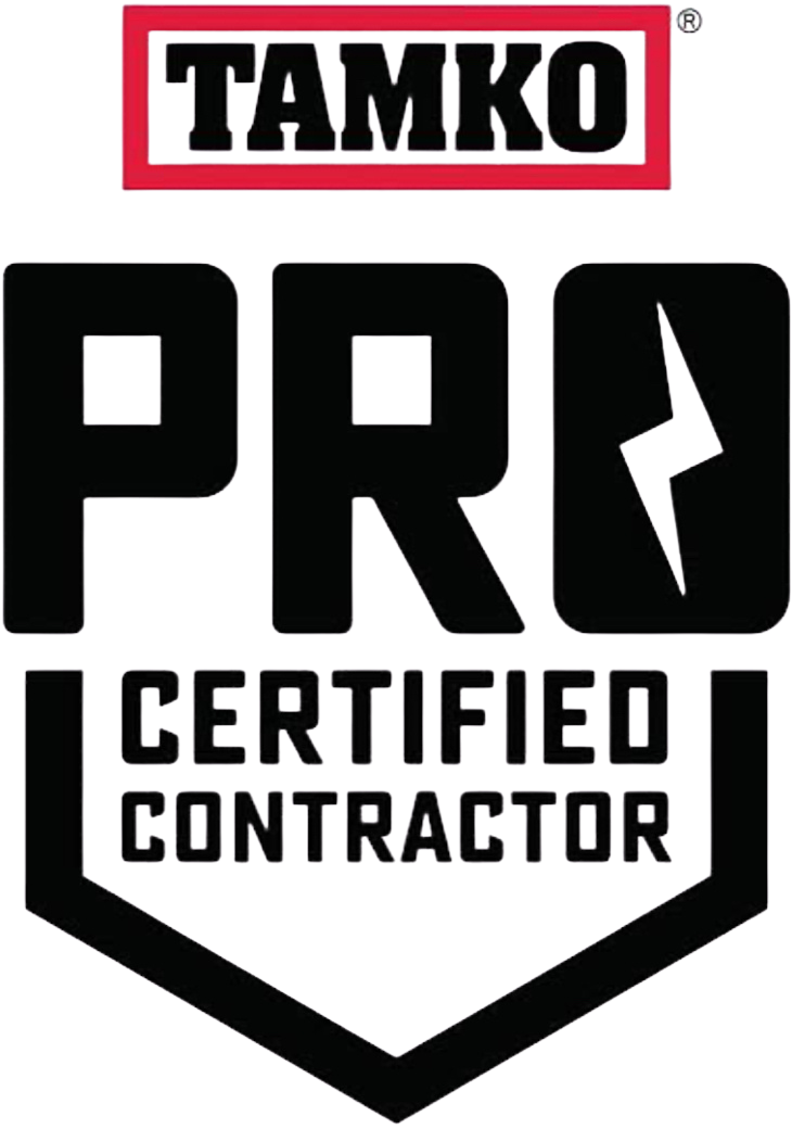 TAMKO Pro Certified Contractor logo: black text and lightning bolt in a shield, red TAMKO logo.