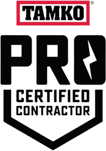 TAMKO Pro Certified Contractor logo: black text and lightning bolt in a shield, red TAMKO logo.