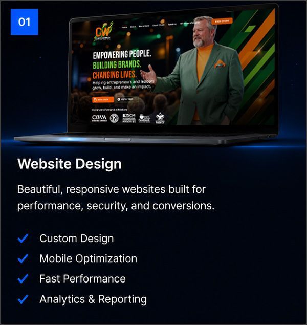 Website design promo with laptop mockup, green-and-orange branding, and checklist of features on a dark background