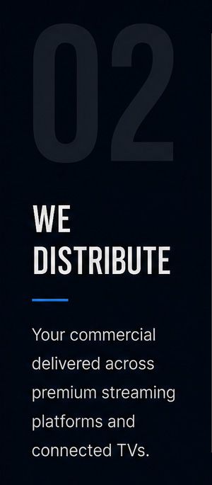 Dark promotional slide reading “02 WE DISTRIBUTE” with text about commercial delivery across streaming platforms and connected TVs