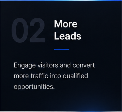 Dark slide labeled “02 More Leads” with blue underline and text about converting traffic into qualified opportunities.