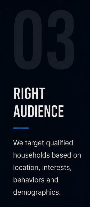 Dark slide labeled “03 RIGHT AUDIENCE” with small text about targeting qualified households, blue accent line.