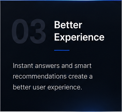 Dark slide with “03 Better Experience” and text about instant answers and smart recommendations.