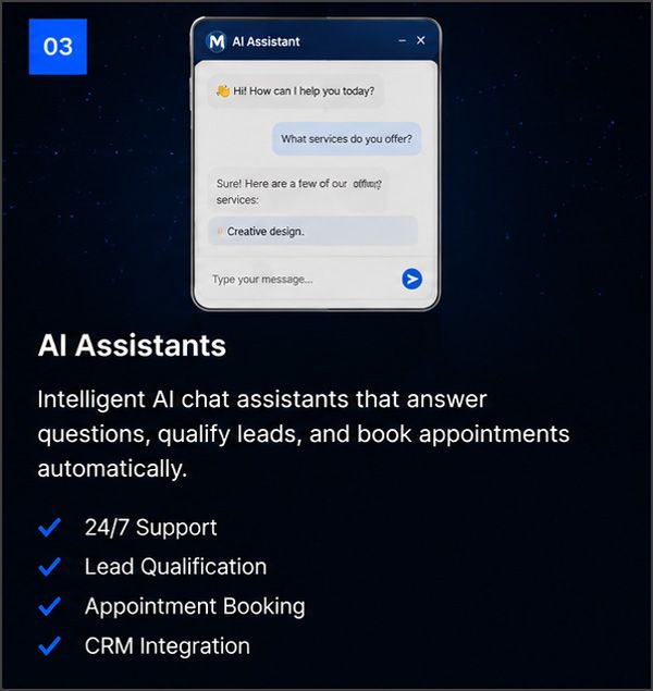 Dark blue AI assistants promo with chat widget and checklist for support, lead qualification, booking, CRM integration