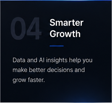 Slide titled “Smarter Growth” with blue accent and text about data and AI insights helping decisions.