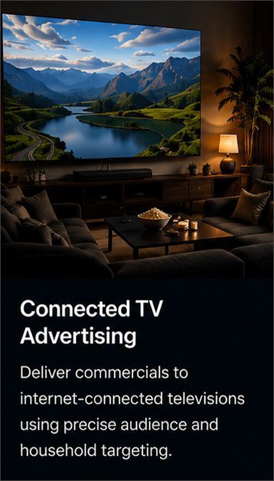 Connected TV Advertising ad on a TV in a cozy living room, with scenic mountain lake display and text overlay.
