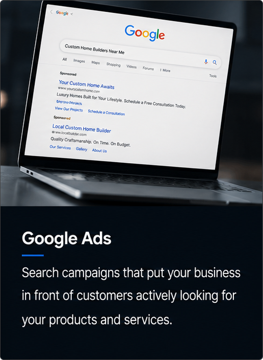 Laptop displaying Google search results with “Google Ads” text on a dark background
