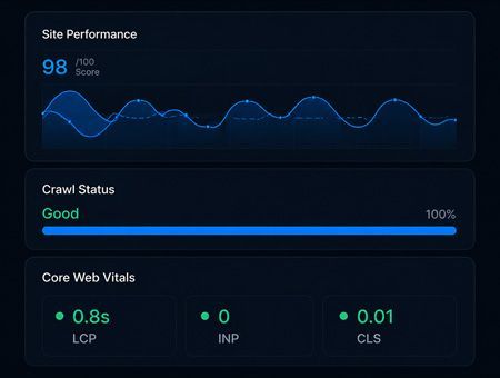 Dark analytics dashboard showing site performance 98, crawl status good, and core web vitals metrics.