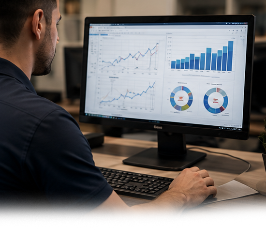 Person viewing business charts on a desktop monitor in an office