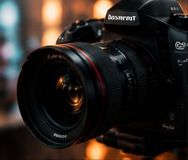 Close-up of a DSLR camera with a large lens in warm, blurred lighting