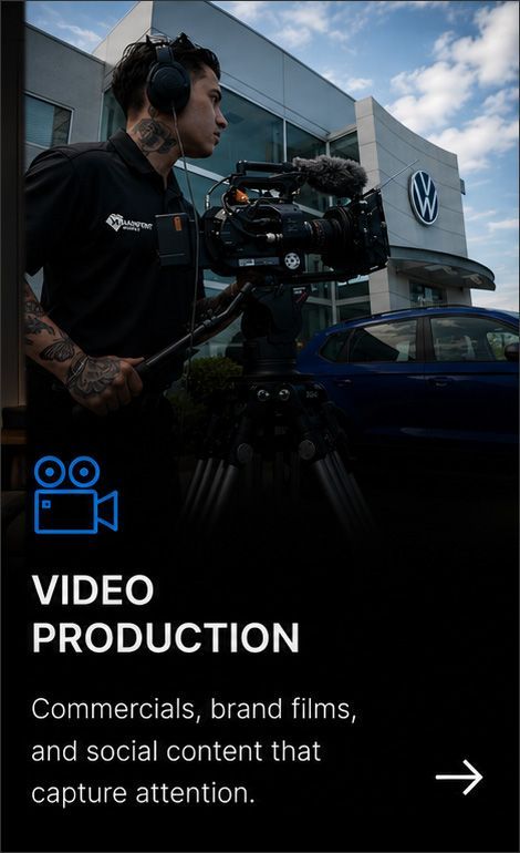 Video production crew filming outdoors beside a modern building, with “VIDEO PRODUCTION” text overlay.