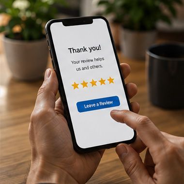Hand tapping “Leave a Review” on a smartphone showing a 5-star rating screen