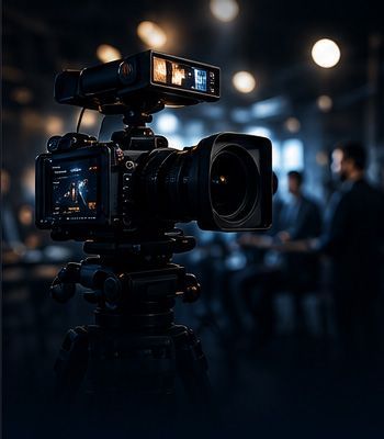 Professional video camera on a tripod in a dimly lit indoor event setting with blurred people in the background