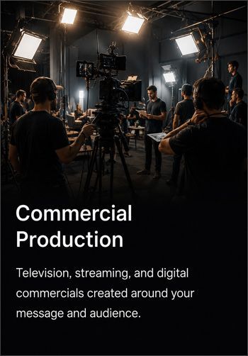 Commercial production studio with crew, cameras, and bright lights on a dark set.