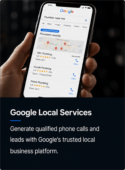 Google Local Services ad on phone screen with map, business listings, and call icons on dark background