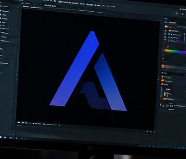 Dark design app showing a blue angular logo on a monitor against a black canvas