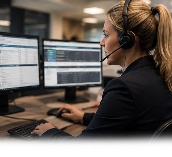 Call center agent wearing a headset working at dual monitors in an office