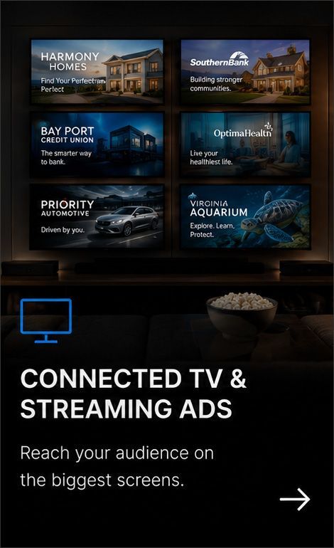 Connected TV and streaming ads with a TV screen and multiple destination tiles on a dark background