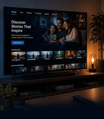 Streaming TV home screen with movie thumbnails and a family watching on a dark living-room display