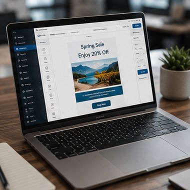 Laptop displaying a website editor with a spring sale banner on a desk near a potted plant